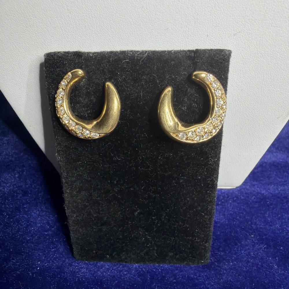 Vintage Swan Swarovski Earrings Gold Tone Crystal Moon Half Stud Pierced